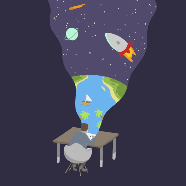 Animation video of man viewing space