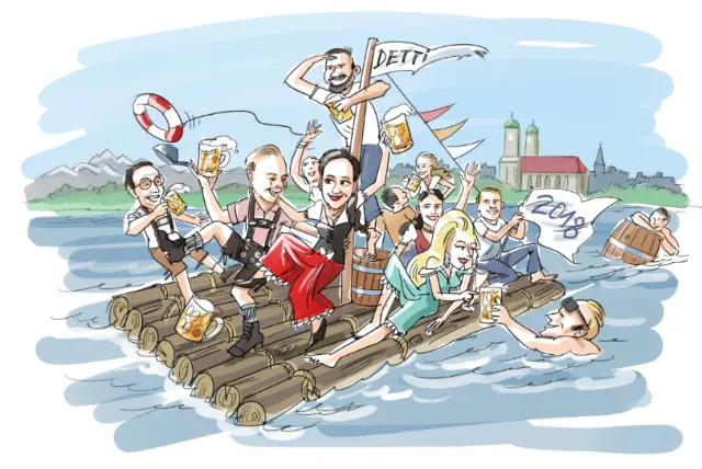 Cartoon of people rowing a raft on water near city and mountains by Björn von Schlippe