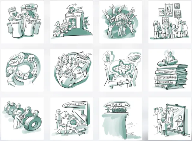 Twelve conceptual sketches illustrating teamwork, growth, communication by Björn von Schlippe