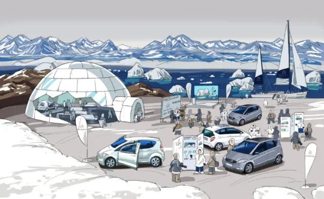 Polar research camp with vehicles and people in snowy Arctic by Björn von Schlippe