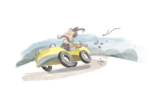 Retro illustration of man riding car
