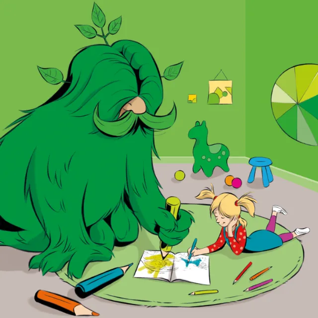 Children character design of monster and girl painting