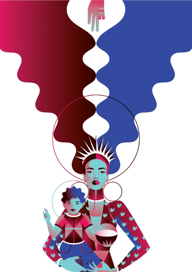 Surreal abstract woman and child with red and blue hands by Yordanka Poleganova