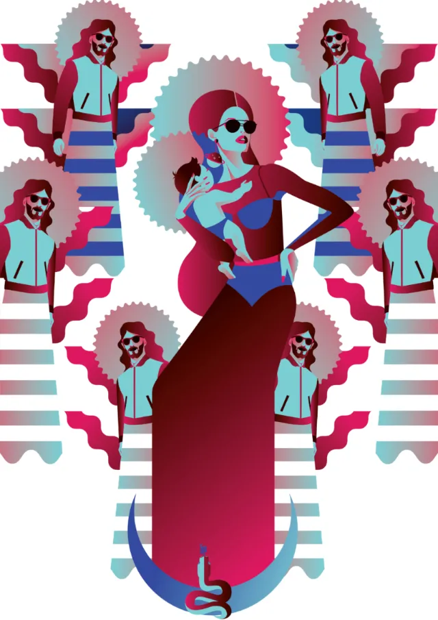 Stylized woman with afro and sunglasses in colorful patterned artwork by Yordanka Poleganova