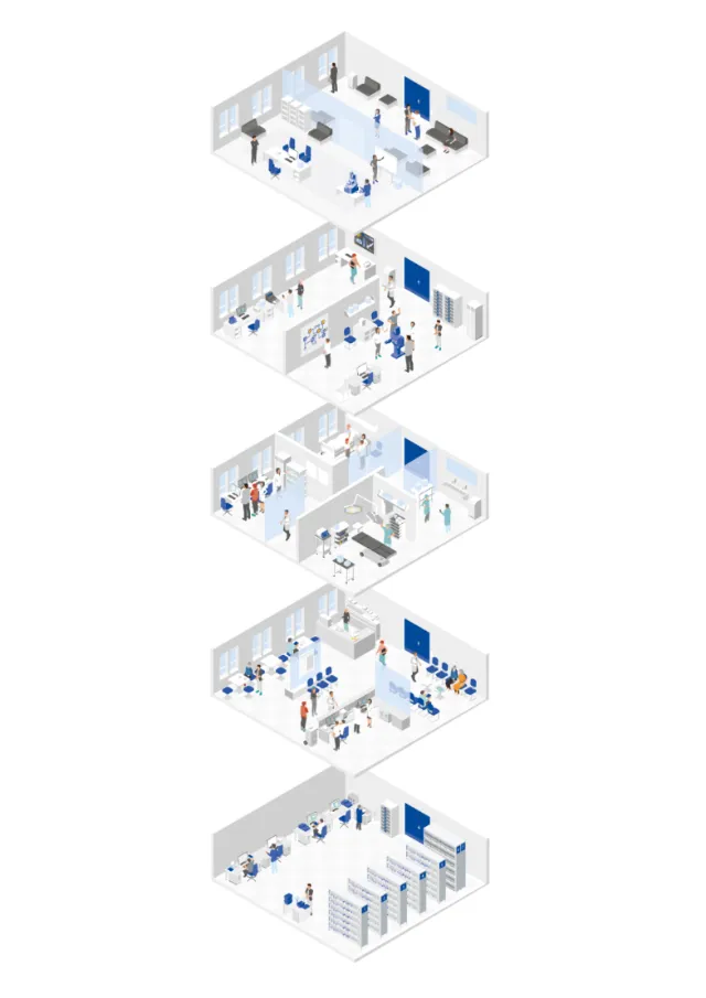Isometric multi-level office layout with people and workstations by Tobias Wandres