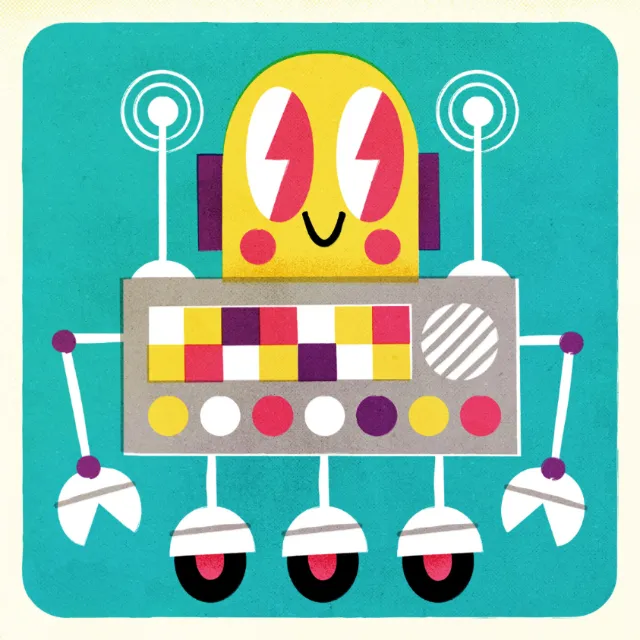 Cartoon robot with lightning bolt eyes and wheels, illustration by Pintachan