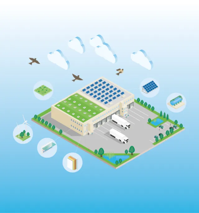 Isometric sustainable warehouse with solar panels and green roof by Tobias Wandres