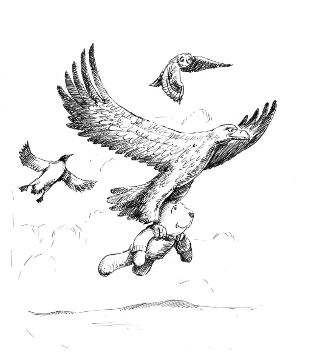 Black and white Eagle carries teddy bear
