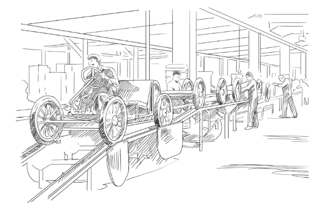 Line drawing of early automobile assembly line with workers by Andreas Schickert