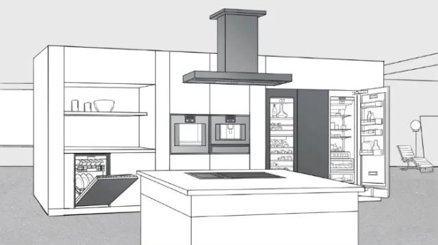 Illustration of modern kitchen with island, stove, ovens, and open fridge by Andreas Schickert