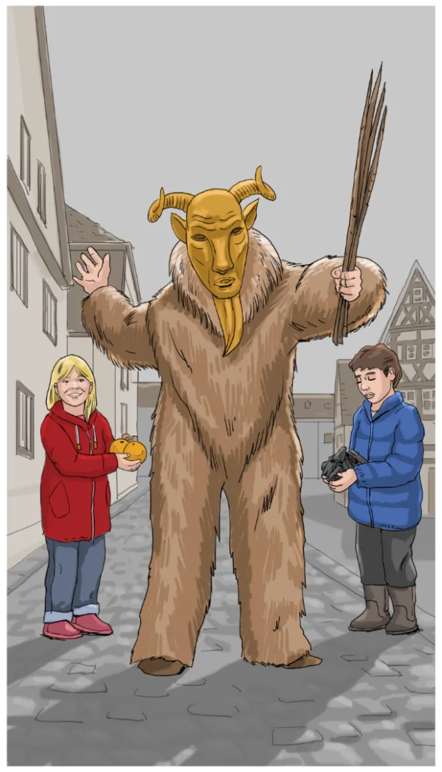 Person in fur costume with horned mask and broom, two children stand by, Andreas Schickert
