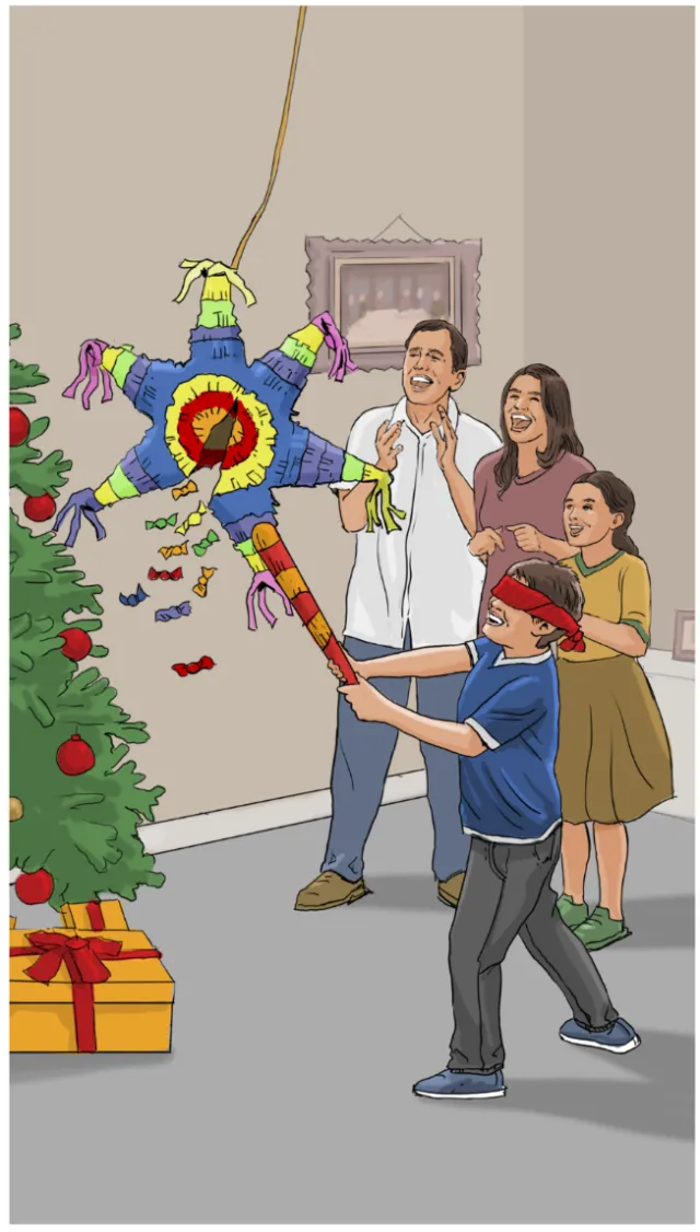 Family playing a pinata game indoors with Christmas tree, by Andreas Schickert