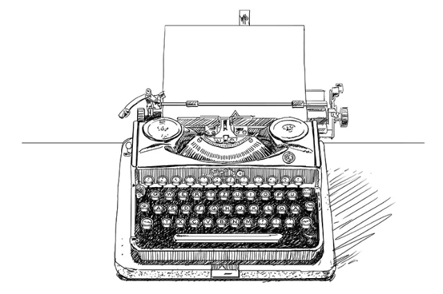 Detailed black and white drawing of a vintage manual typewriter by Andreas Schickert
