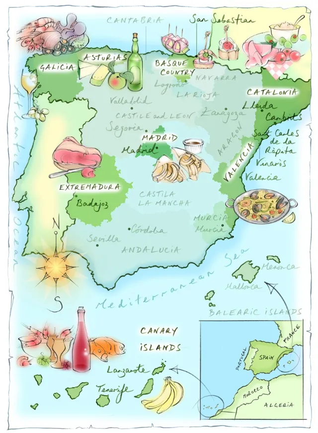 spain map, hand drawn, food, Extremadura, Catalonia, paella, tapas, wine
