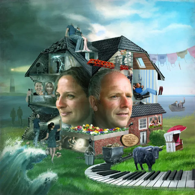 Surreal house merging human faces and landscape by POW!!!