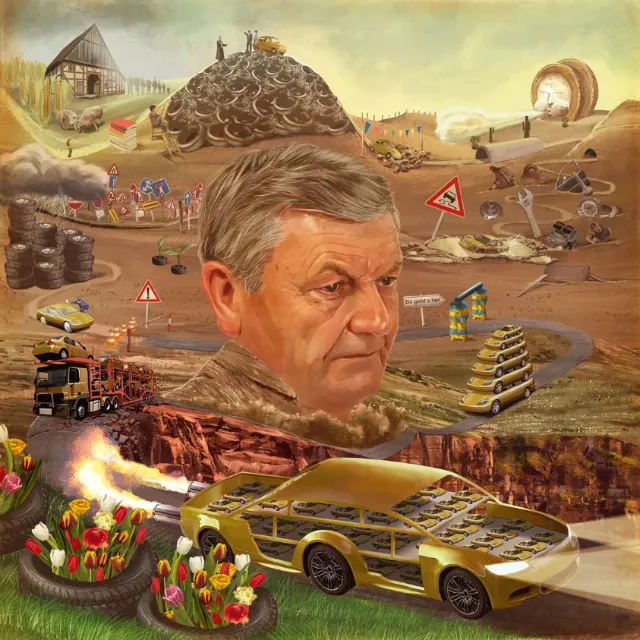 Surreal landscape with large man’s head, cars, and structures by POW!!!