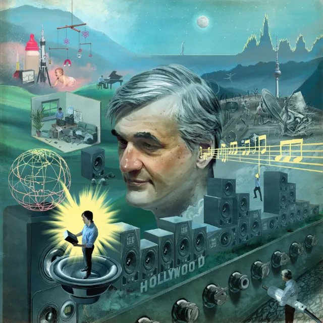 Surreal artwork with large male head and musical notes by POW!!!