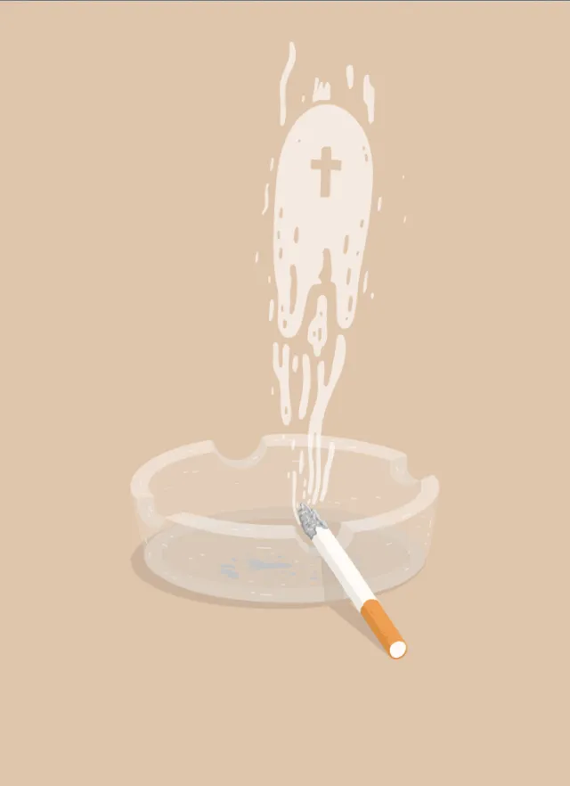 Cigarette smoke forming a coffin shape with a cross by Samy Löwe