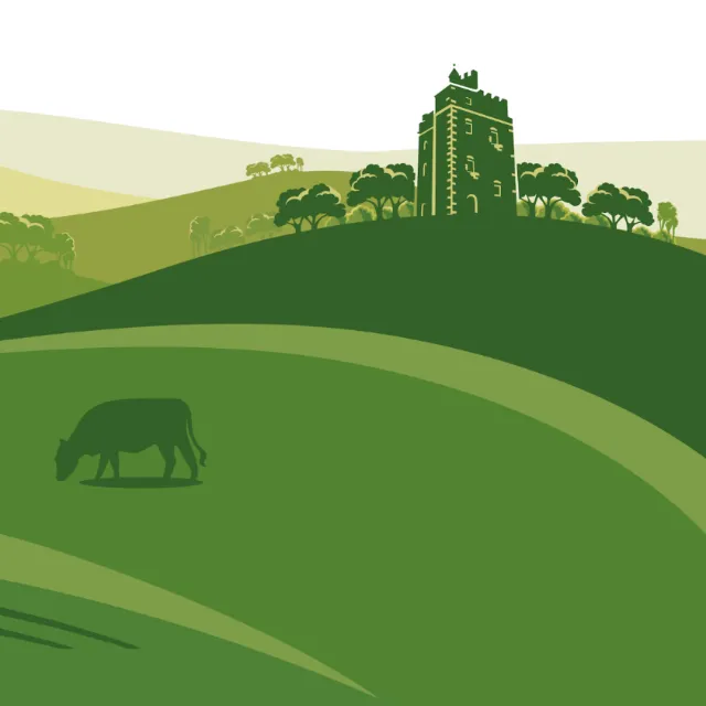 Green hills with grazing cow and tower illustration by Albert Morell