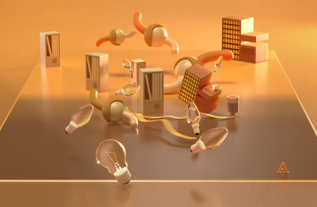 Surreal 3D light bulbs and abstract shapes on reflective surface by RIVE GAUCHE