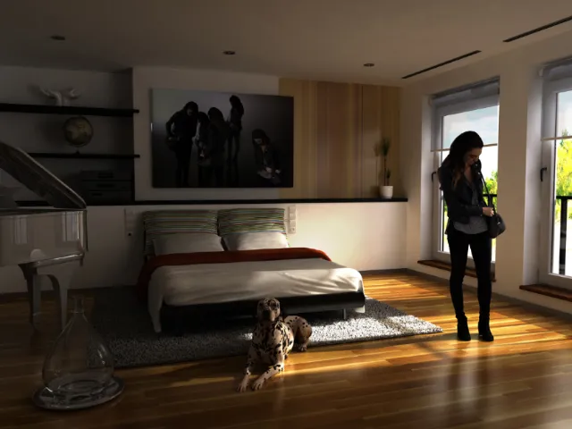 Modern bedroom interior with woman by window and dog on floor by RIVE GAUCHE