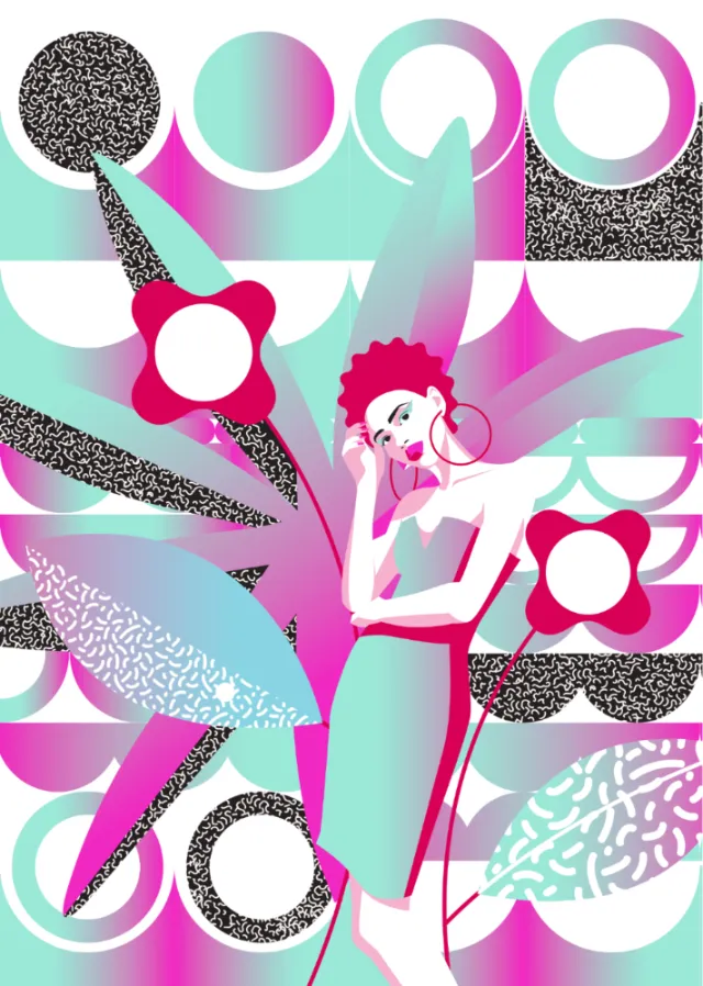 Abstract digital woman with colorful flowers and shapes by Yordanka Poleganova