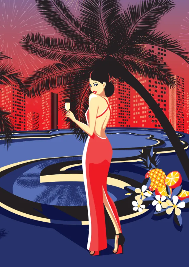 Girl with wine partying in red gown