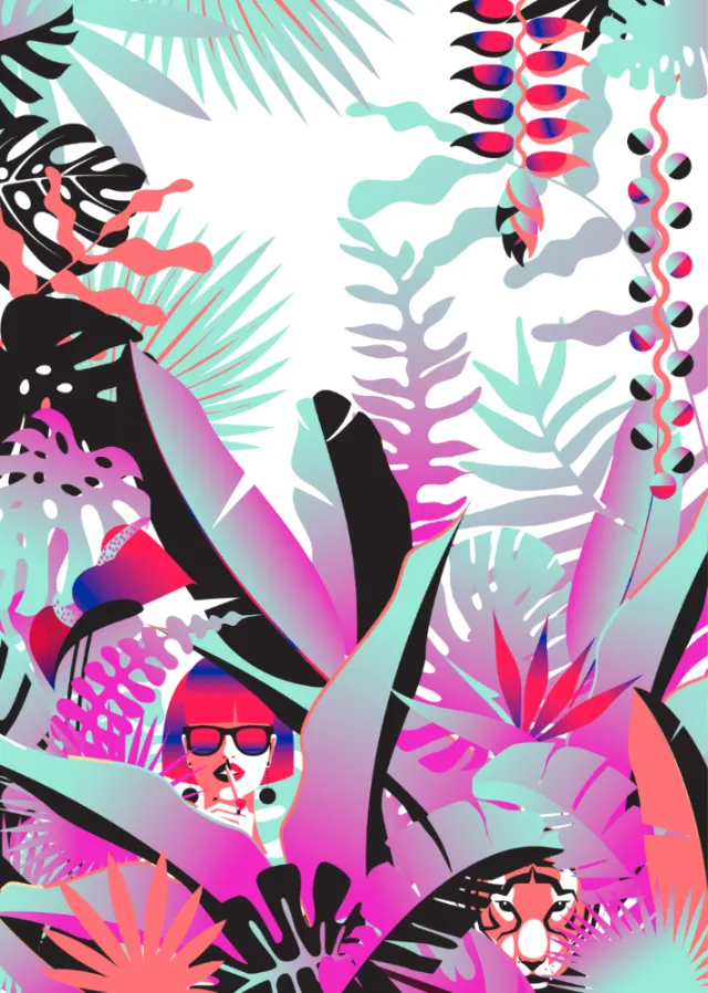 Colorful tropical plants and hidden faces in abstract style by Yordanka Poleganova
