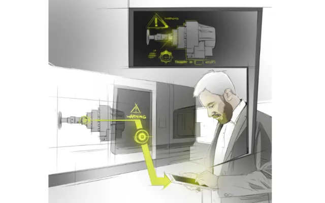 Man using augmented reality displays showing technical machine data by Timo Müller