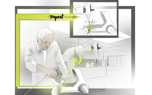 Man fixing leaking kitchen sink faucet, illustration by Timo Müller