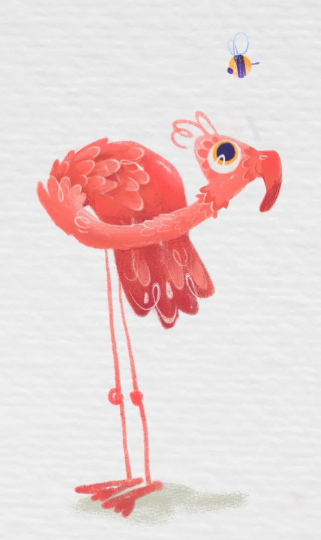 Red flamingo bending down with a small bee flying above, by Katharina Madesta