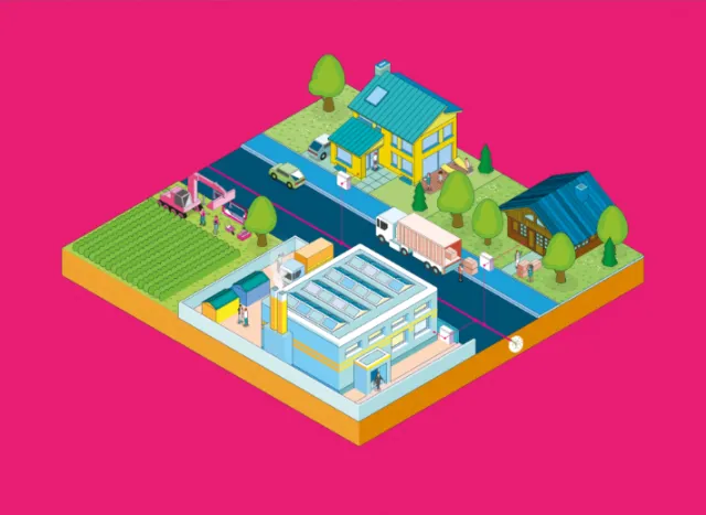 Isometric farm and factory landscape with houses and vehicles by Tobias Wandres