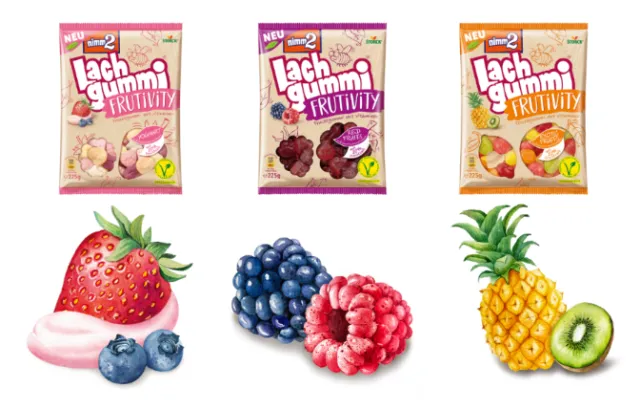 Fresh fruit illustrations for the packaging of Germany's Nimm2 Fruit Gums.
