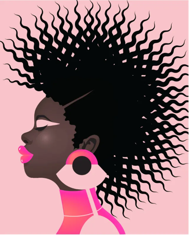 Profile of a woman with voluminous afro, large earrings, and pink makeup by Yordanka Poleganova