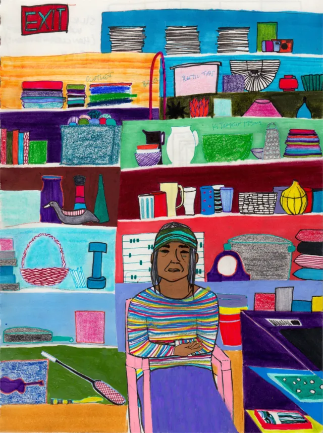 Colorful store interior with shelves, items, and a person standing with crossed arms by Jennifer Mar