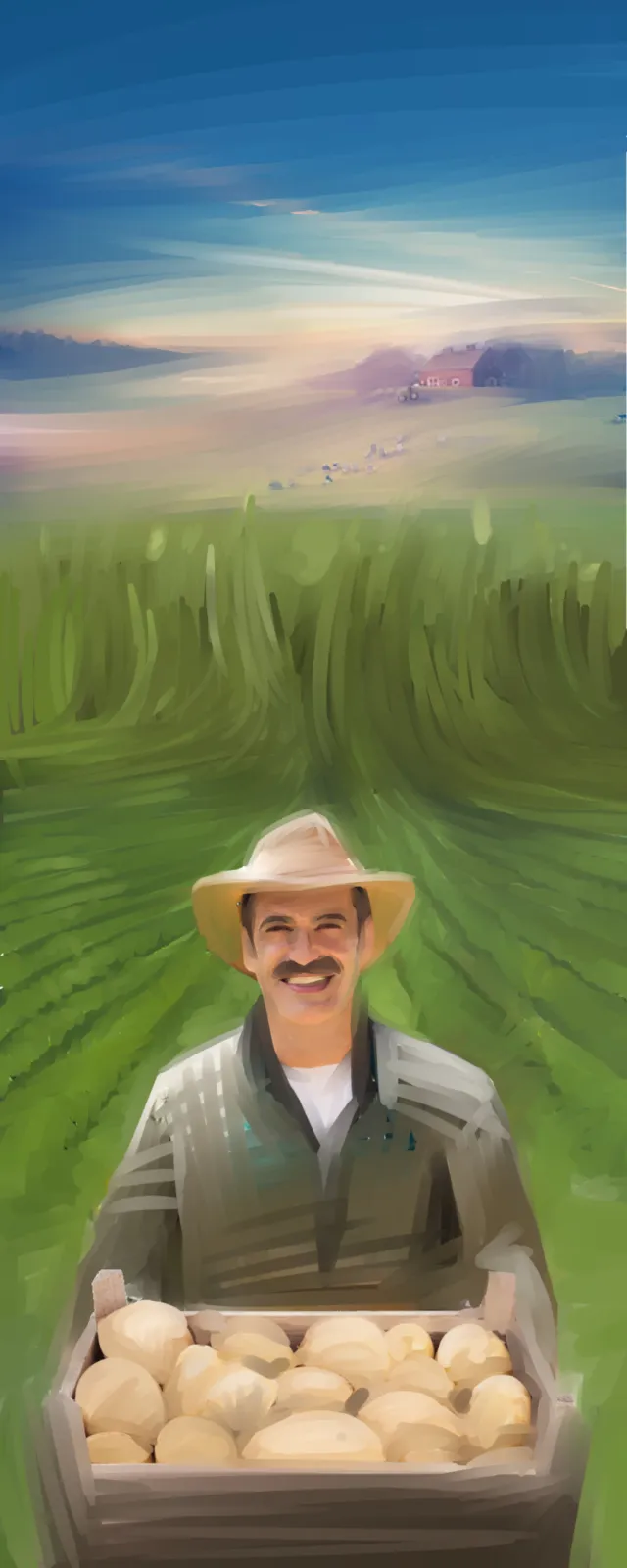 Smiling farmer holding a basket full of melons in a field by Timo Müller