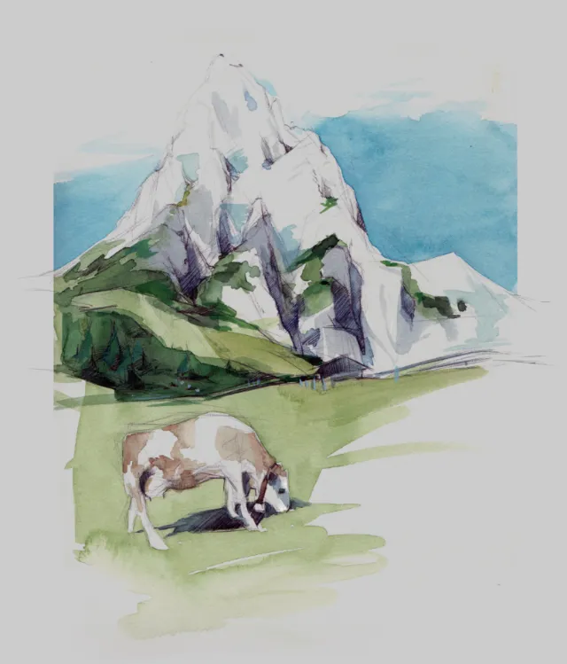 Watercolor of cow grazing near mountain by Timo Müller