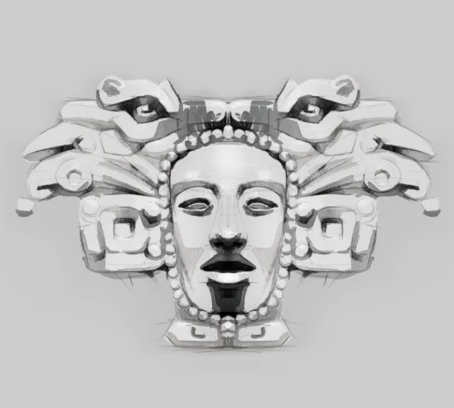 Stone mask with intricate Mesoamerican design by Timo Müller