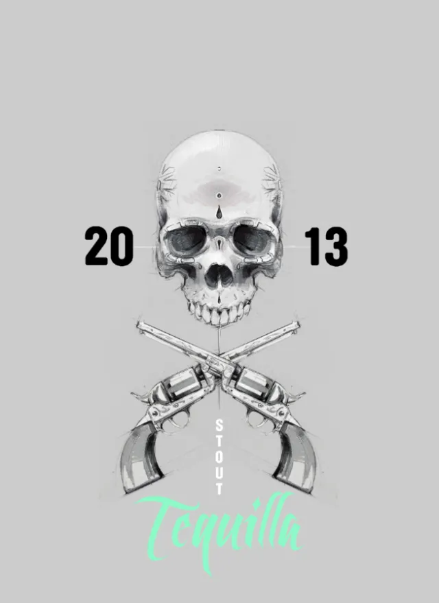 Skull with crossed revolvers and tequila text by Timo Müller