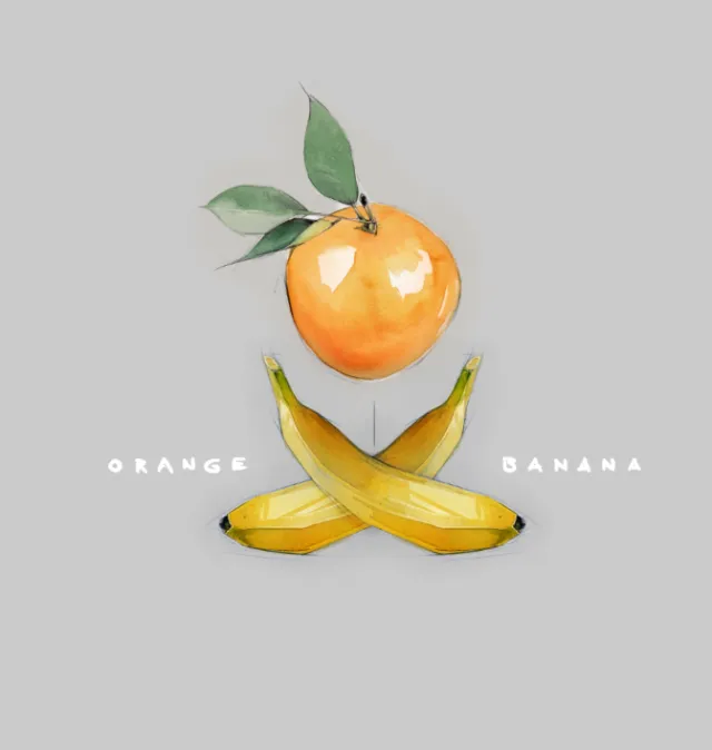 Watercolor fruit illustration of an orange with leaves and crossed bananas by Timo Müller