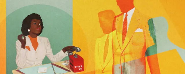 Conceptual art of office receptionist talking with clients 
