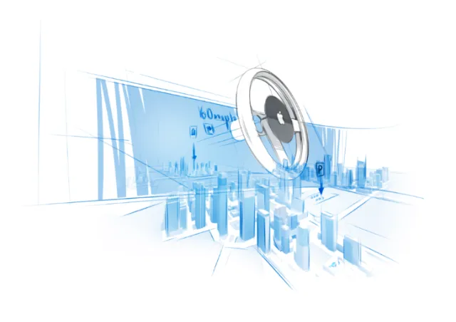 Futuristic cityscape with digital circular interface by Timo Müller