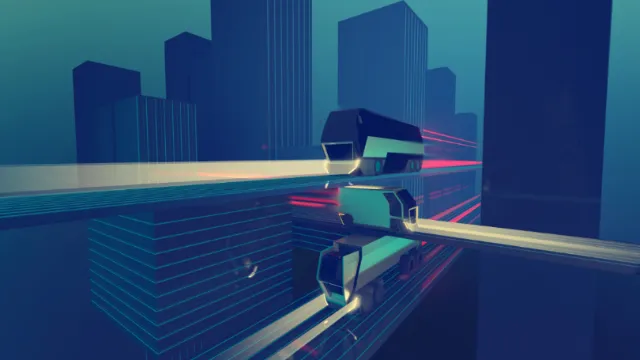 Futuristic transit pods traveling through a cityscape, digital art by Timo Müller