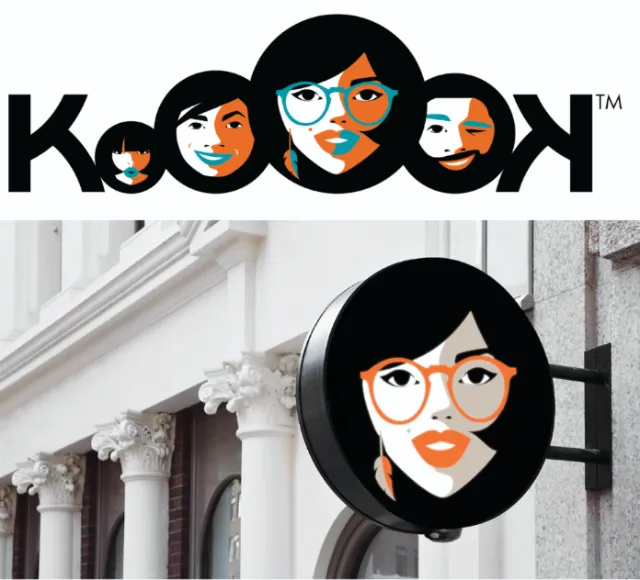Kook logo with stylized female faces on sign and text by Yordanka Poleganova