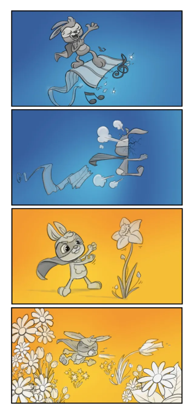 Four-panel cartoon showing mouse character in playful and humorous scenes by Rino Pelli