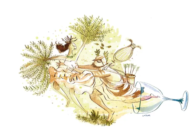 Abstract watercolor of two women, bird, and wine glass by Adam Larkum