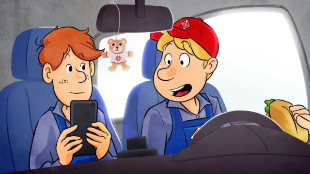 Two cartoon men in a car, one with smartphone, one eating sandwich by Rino Pelli