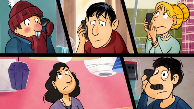 Five cartoon characters expressing emotions in different scenes by Rino Pelli
