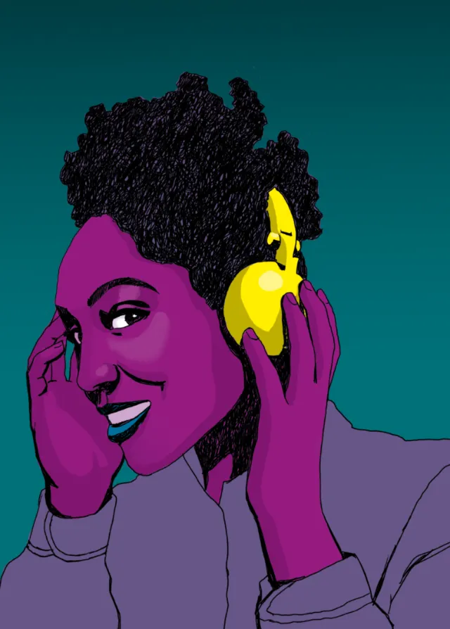 Digital portrait of woman wearing yellow headphones by Andreas Schickert