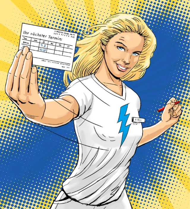 Comic-style image of blonde woman holding appointment card and pen by Andreas Schickert